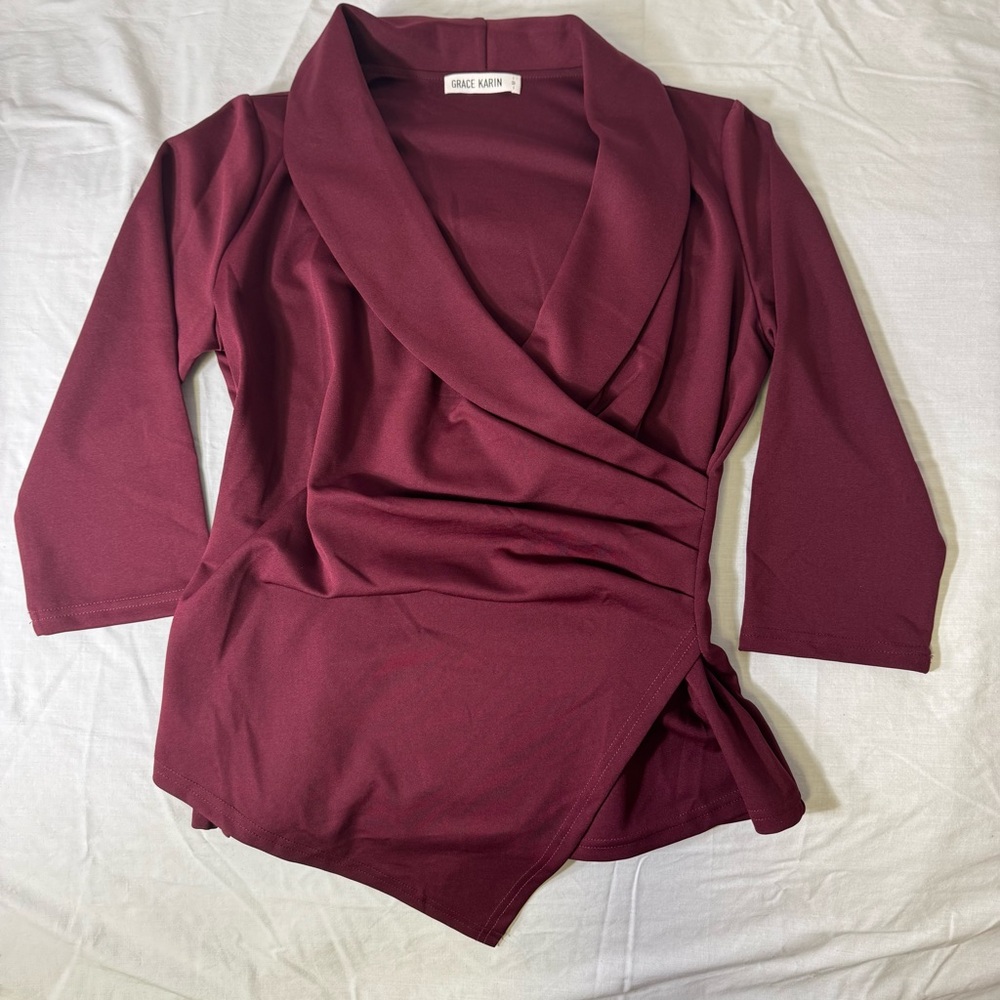 Grace Karin Burgundy Wrap Style Top Size M 3/4 Sleeve‎ Asymmetrical Hem - Picture 8 of 10